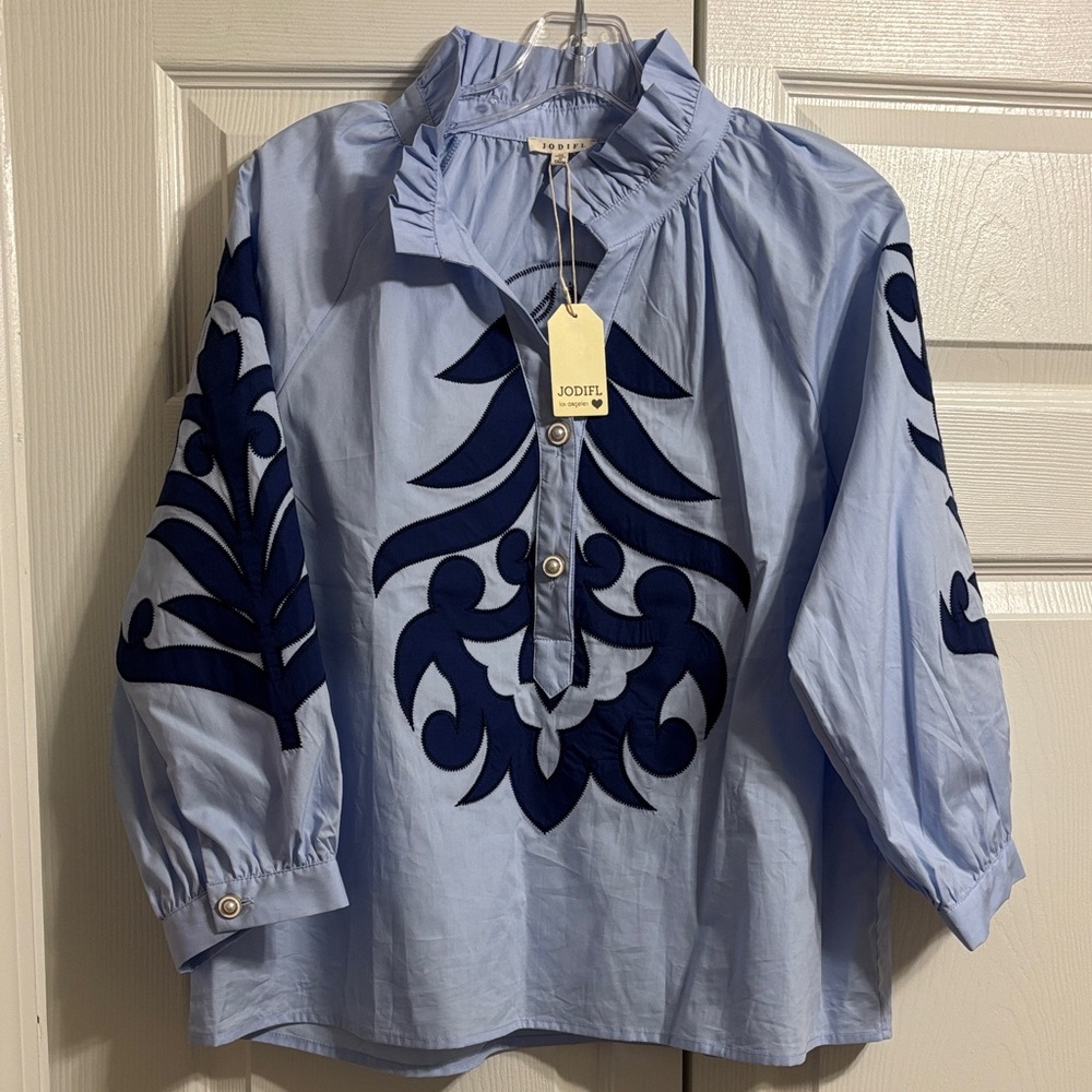 JODIFL Light Blue Blouse with Navy Embroidered Motifs